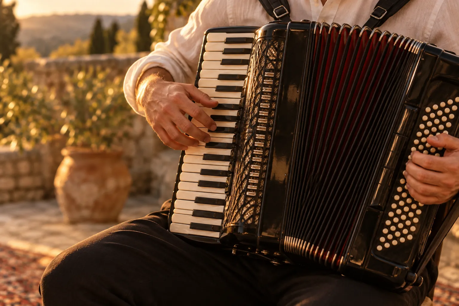 Bližji posnetek klavirske harmonike z belimi in črnimi tipkami ter rdečim mehom, roke na tipkovnici.